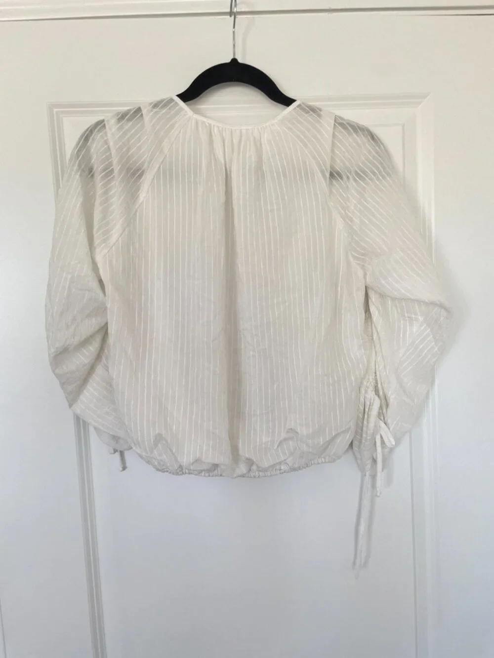 ASTR The Label White Sheer Ruched Sleeve Blouse S V Neck Tie Detail Stripe